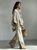 Retro Ethnic Print Loose Batwing Sleeve Irregular Hem Shirt Two-Piece Set