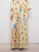 Unique Satin Hand-Painted Watercolor Print Wide-Leg Pants