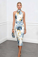 High-Neck Printed Midi Dress