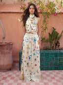 Exquisite Satin Watercolor Floral Backless Scarf Sleeveless Two-Piece Set