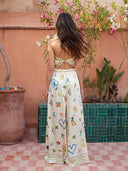Exquisite Satin Watercolor Floral Backless Scarf Sleeveless Two-Piece Set