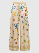 Unique Satin Hand-Painted Watercolor Print Wide-Leg Pants