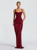Elegant Square Neck Cinched Top & Ruched Waist Draped Maxi Dress