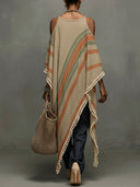 Casual Striped Tassel Asymmetric Shawl Top Two-Piece Set
