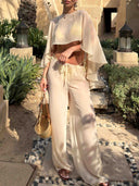 Elegant Sheer Cape Sleeve Crop Top & Wide-Leg Pants Beach Two-Piece Set