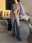 Elegant Sheer Cape Sleeve Crop Top & Wide-Leg Pants Beach Two-Piece Set