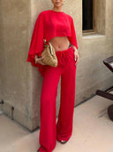 Elegant Sheer Cape Sleeve Crop Top & Wide-Leg Pants Beach Two-Piece Set