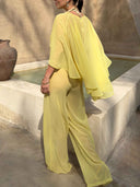 Elegant Sheer Cape Sleeve Crop Top & Wide-Leg Pants Beach Two-Piece Set