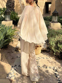 Elegant Sheer Cape Sleeve Crop Top & Wide-Leg Pants Beach Two-Piece Set