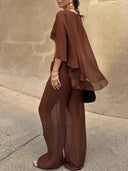 Elegant Sheer Cape Sleeve Crop Top & Wide-Leg Pants Beach Two-Piece Set
