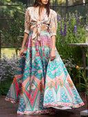 Bohemian Geometric Print Tie-Front Top & Skirt Two-Piece Set