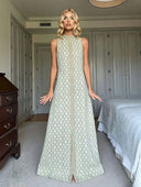 Elegant Geometric Print High Neck Slit Maxi Dress