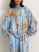 Elegant Floral And Bird Print Zip-up Lantern Sleeve Shirt