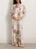 Elegant Floral Bird Print Wide Leg Pants