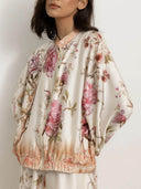 Elegant Floral And Bird Print Zip-up Lantern Sleeve Shirt