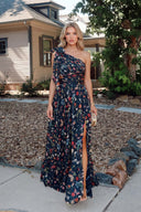 Oblique Neck Hollow Printed Maxi Dress