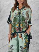Exotic Jungle Print Batwing Sleeve Shirt & Wide Leg Pants Set