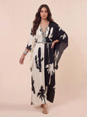Bohemian Palm Print Colorblock Kaftan Maxi Dress