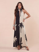 Bohemian  Palm Print Colorblock Halter Neck Maxi Dress