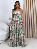 Retro Abstract Print Strapless Maxi Dress