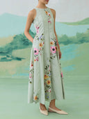 Elegant Floral Embroidered Sleeveless Maxi Dress