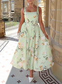 Elegant Floral Print Square Neck Midi Dress