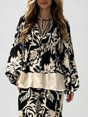 Bohemian Leaf Print V-Neck Satin Shirt & Wide-Leg Pants Set