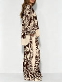 Bohemian Leaf Print V-Neck Satin Shirt & Wide-Leg Pants Set