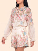 Exquisite Floral Print Long Sleeve Chiffon Shirt & Shorts Set