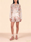 Exquisite Floral Print Long Sleeve Chiffon Shirt & Shorts Set
