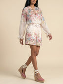 Exquisite Floral Print Long Sleeve Chiffon Shirt & Shorts Set