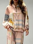 Casual Artistic Print Zip-Up Shirt & Wide-Leg Pants Two-Piece Set