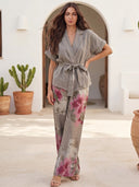 Casual Wrap Top & Floral Print Wide-Leg Pants Two-Piece Set