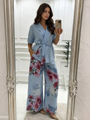 Casual Wrap Top & Floral Print Wide-Leg Pants Two-Piece Set