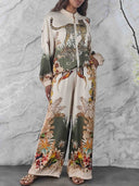 Exotic Jungle Print Zip-Up Shirt & Wide Leg Pants Set