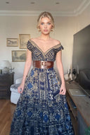 Deep V-Neck Printed High-Waist Maxi Dress
