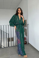 V-Neck Printed Patchwork Slit Streamer Design Maxi Dress