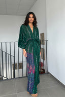 V-Neck Printed Patchwork Slit Streamer Design Maxi Dress
