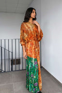 V-Neck Printed Patchwork Slit Streamer Design Maxi Dress