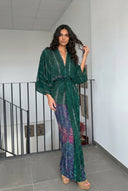 V-Neck Printed Patchwork Slit Streamer Design Maxi Dress