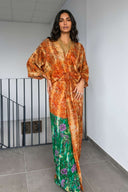 V-Neck Printed Patchwork Slit Streamer Design Maxi Dress