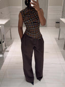 Casual Plaid Pleated Top And Wide-Leg Pants Set