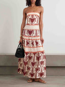 Elegant Strapless Ethnic Print Tiered Maxi Dress
