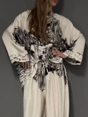 Architectural Print Satin Wide-Leg Pants
