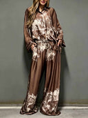Architectural Print Satin Shirt And Pants Two-Piece Set