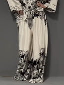 Architectural Print Satin Shirt And Pants Two-Piece Set