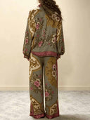 Retro Floral Baroque Print Satin Shirt & Wide-Leg Pants Set