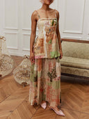 Retro Patchwork Print Beaded Strap Two-Piece Set