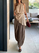 Casual Elegant Flowy Chiffon Draped Wide-Leg Pants Two-Piece Set