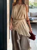 Casual Elegant Flowy Chiffon Draped Wide-Leg Pants Two-Piece Set